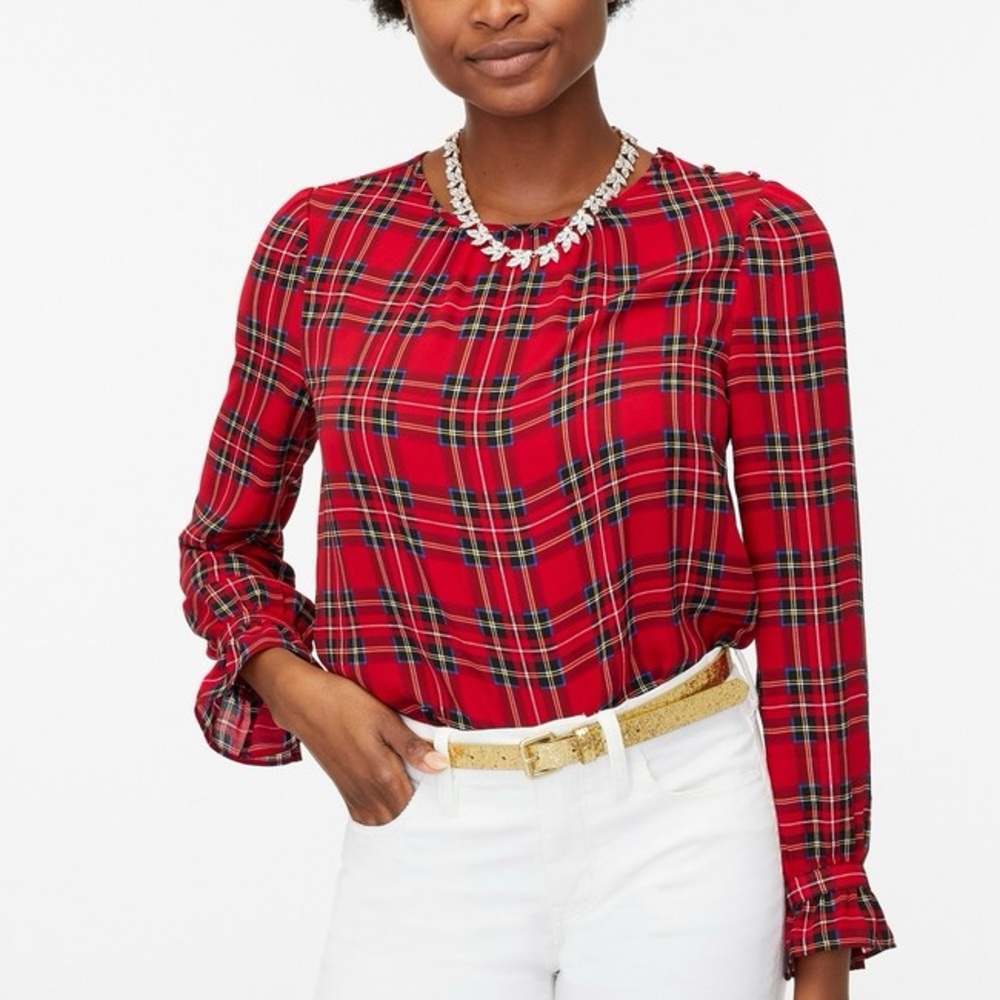 J. Crew | Women’s Red/Multi Tartan Plaid Crewneck Ruffle Sleeve Hems Top, Size S